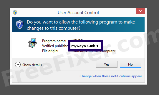 Screenshot where myGoya GmbH appears as the verified publisher in the UAC dialog